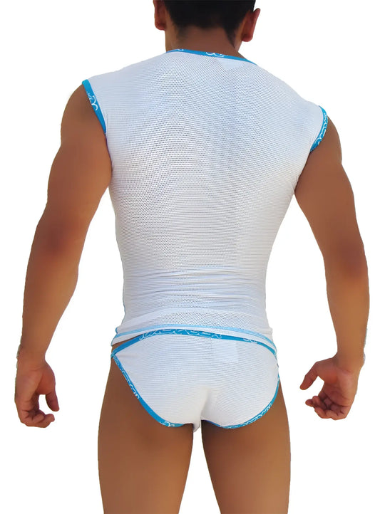 White mesh tank top and matching briefs with light blue trim from icker sea fresh dots microslip bikini underwear