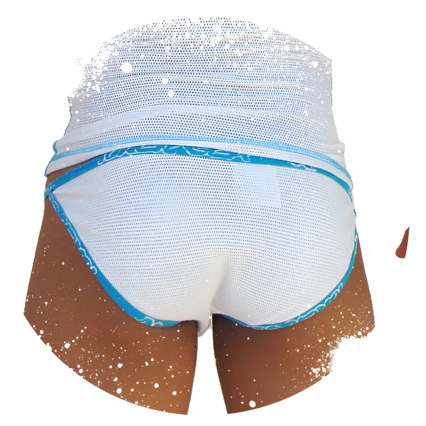 Icker Sea fresh dots logo trim white mesh swim trunks with blue trim and silver sequin waistband detail