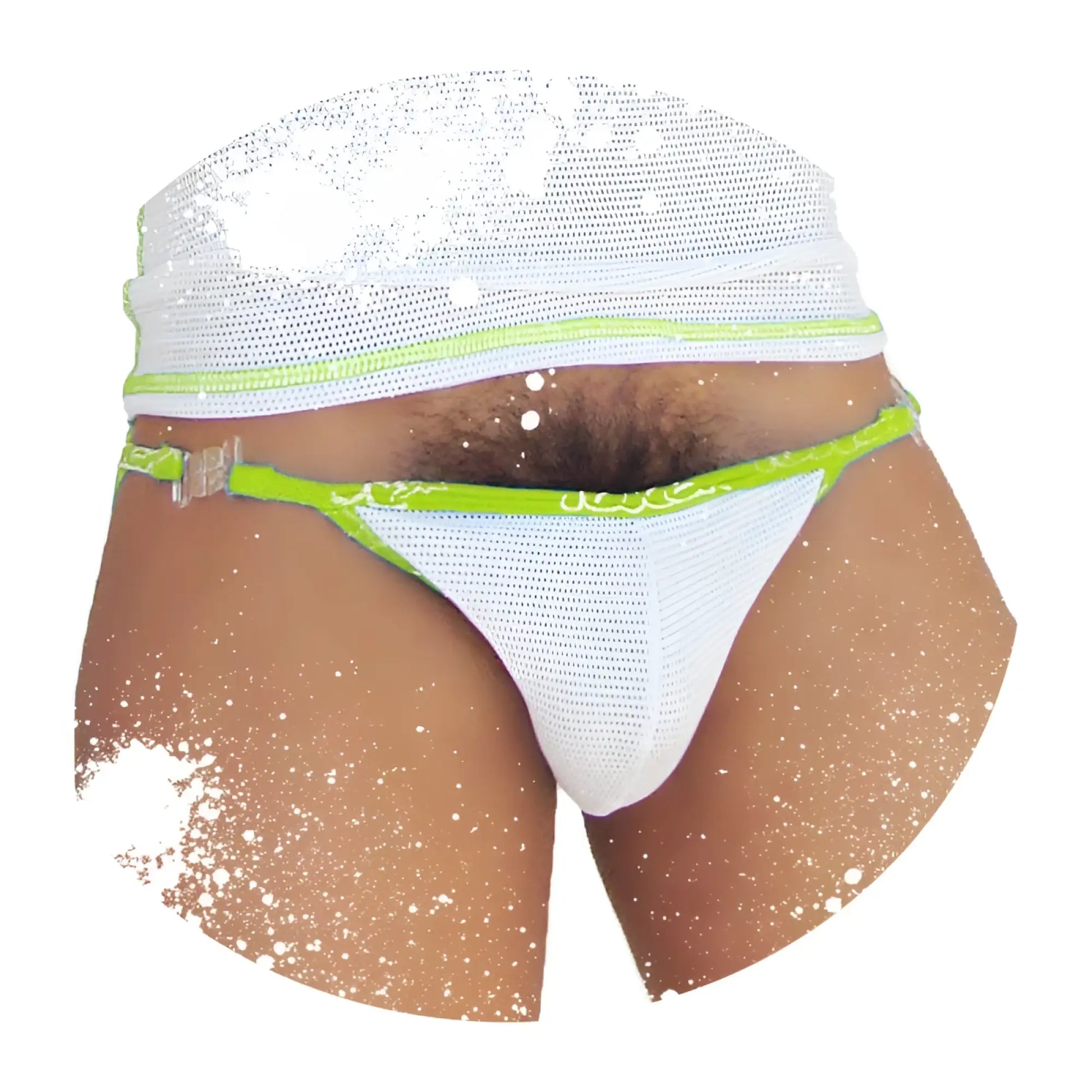 White mesh icker sea fresh dots microslip bikini underwear with neon green trim and a sequined waistband
