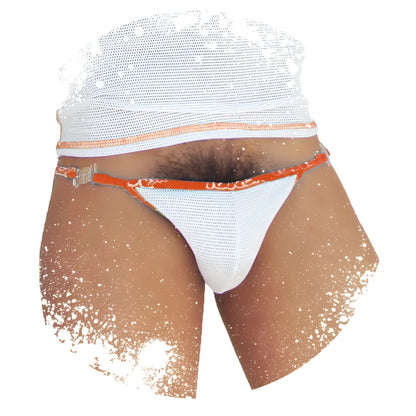 Icker Sea fresh dots logo trim microslip bikini underwear white mesh thong with orange trim and clear plastic buckle