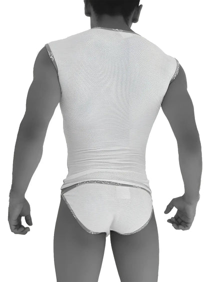 White mesh tank top with lace trim paired with icker sea fresh dots logo trim microslip bikini underwear orange