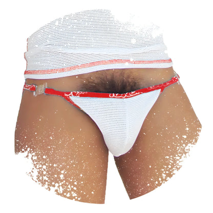 Icker Sea Fresh Dots white mesh thong bikini underwear with red trim and clear plastic buckle front view