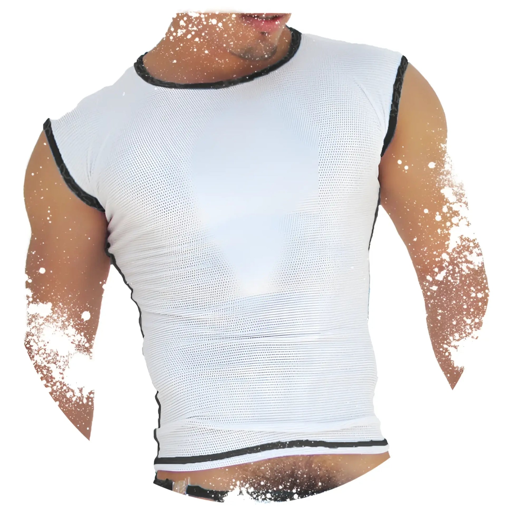 Icker Sea fresh dots logo trim muscle top white mesh sleeveless with black trim on neckline armholes and hem
