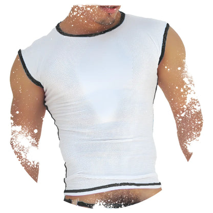 Icker Sea fresh dots logo trim muscle top white mesh sleeveless with black trim on neckline armholes and hem