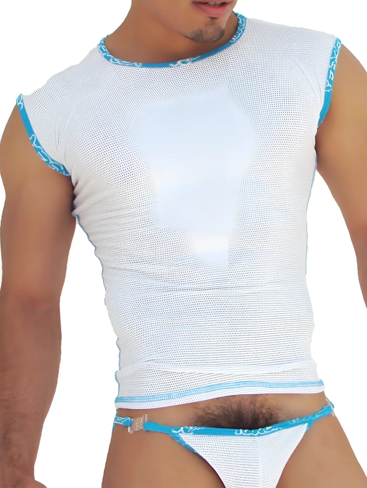 Icker Sea fresh dots logo trim white mesh sleeveless top with light blue trim and patterned detailing