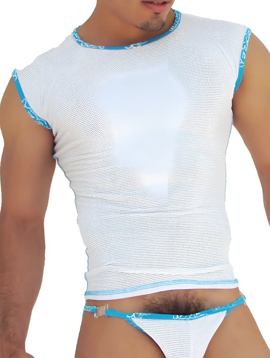 Icker Sea fresh dots logo trim white mesh sleeveless top with light blue trim and patterned detailing