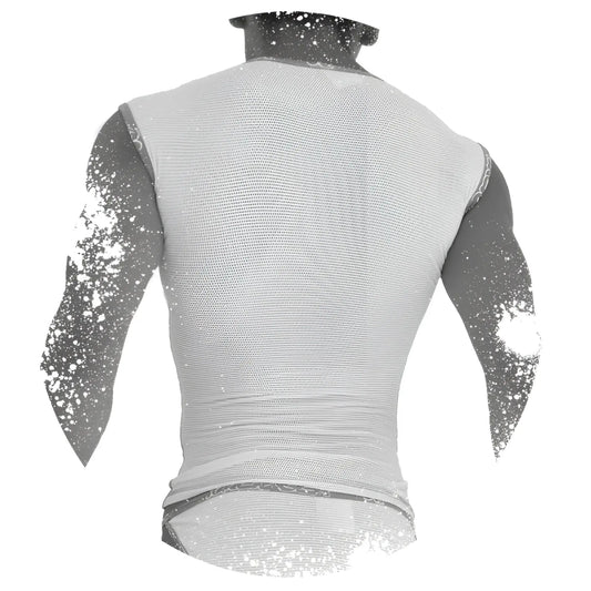 White mesh sleeveless icker sea fresh dots logo trim muscle top t shirt with fitted form fitting design
