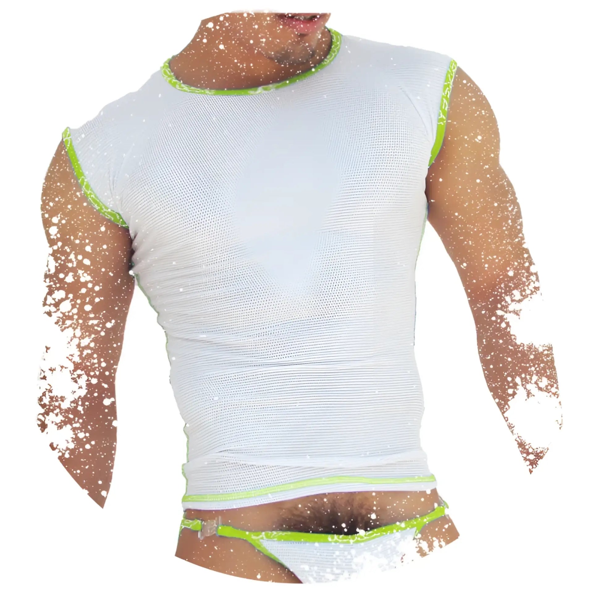 Icker Sea Fresh Dots logo trim muscle top is a white mesh tank top with neon green trim and breathable fabric