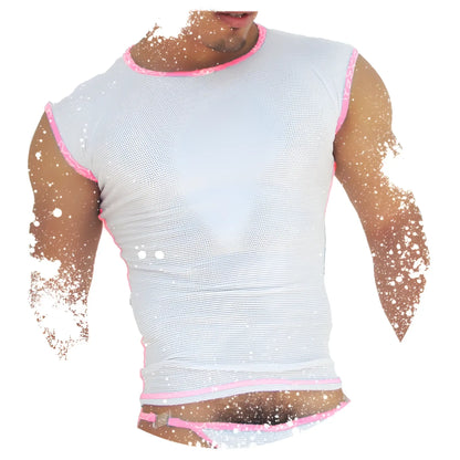 A white mesh sleeveless muscle top with pink trim along neckline armholes and hem from icker sea fresh dots
