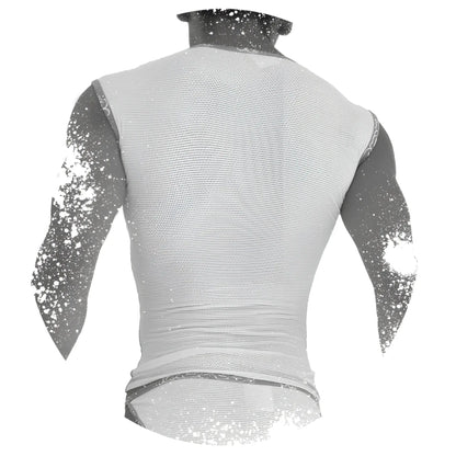 White mesh sleeveless muscle top with fitted design purple fresh dots logo trim by icker sea