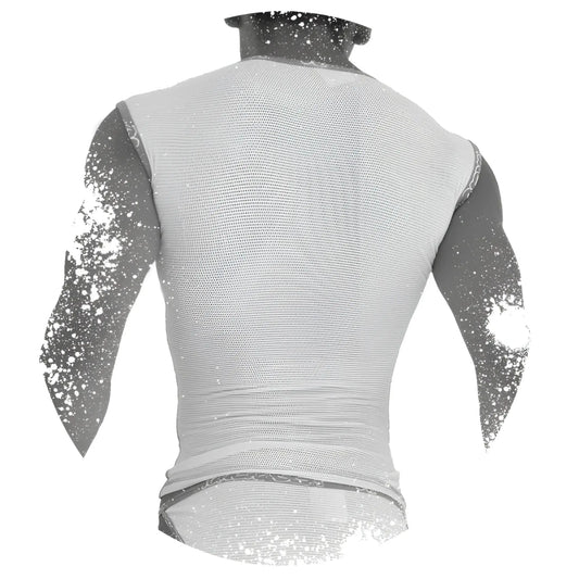 White mesh sleeveless muscle top with fitted design purple fresh dots logo trim by icker sea