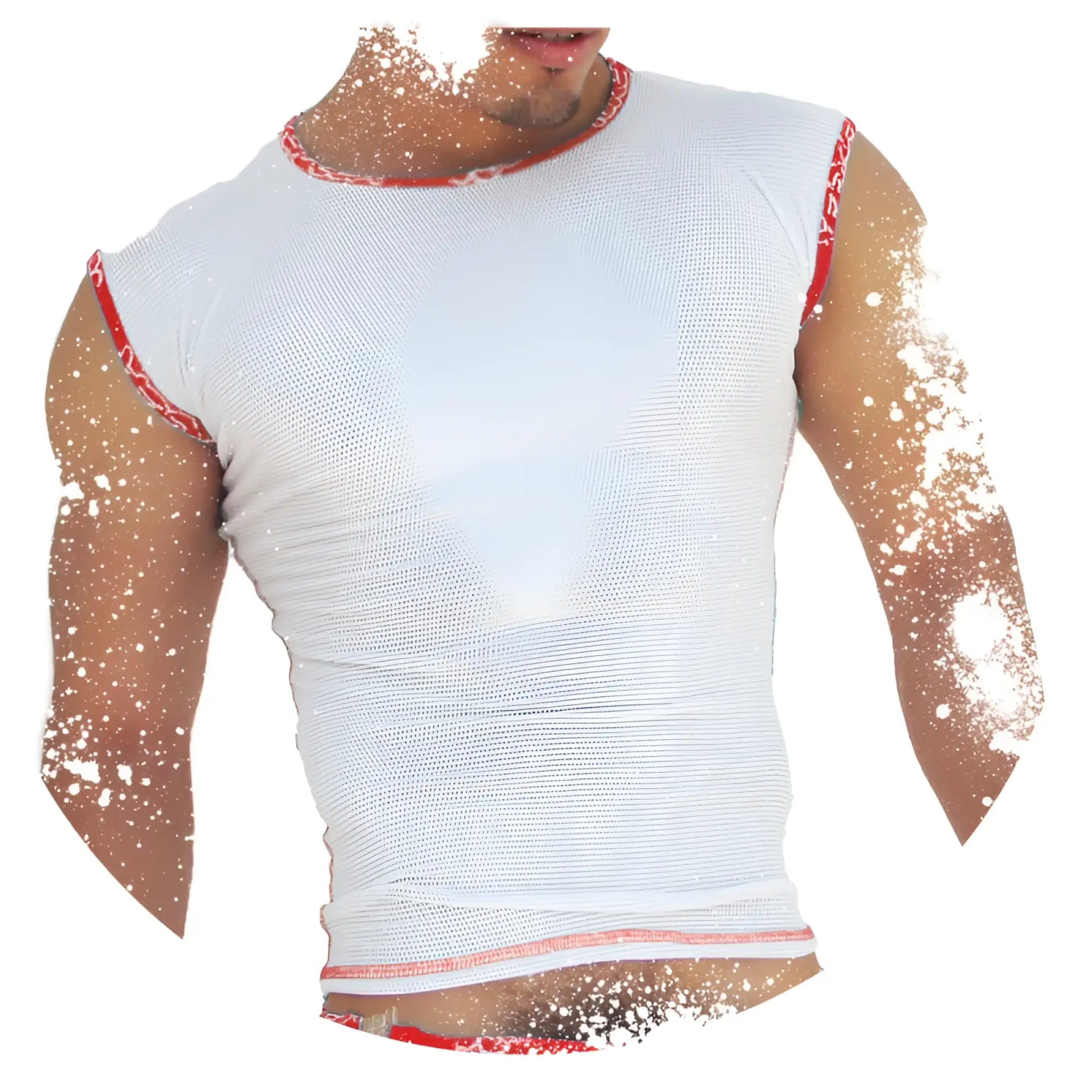 Icker Sea fresh dots logo trim white mesh sleeveless muscle top with red patterned trim on neckline armholes and hem