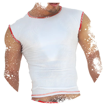 Icker Sea fresh dots logo trim white mesh sleeveless muscle top with red patterned trim on neckline armholes and hem