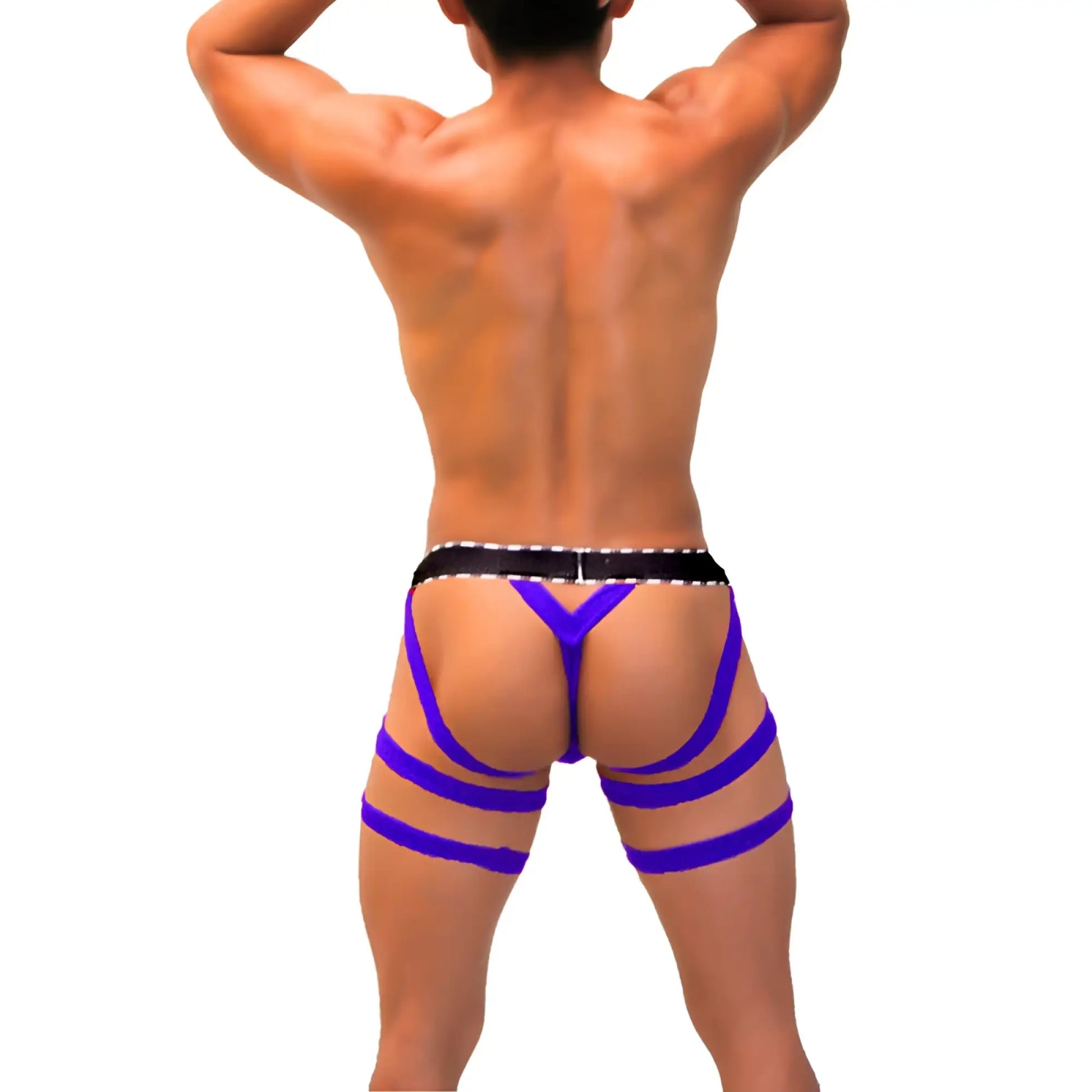 Back view of icker sea garter y back g string underwear in royal blue with purple and black strappy harness design