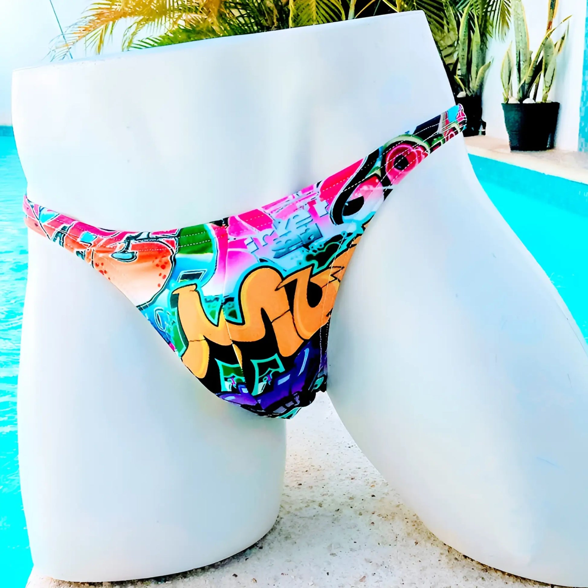 Icker Sea Graffiti thong swimwear with vibrant graffiti pattern in pink orange teal and purple for bold beachwear