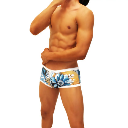 Icker Sea greek floral mesh side square cut swim trunks in blue and yellow with white trim for swimwear use