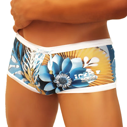 Icker Sea Greek floral mesh side square cut swim trunks in blue and gold with white trim for tropical wear