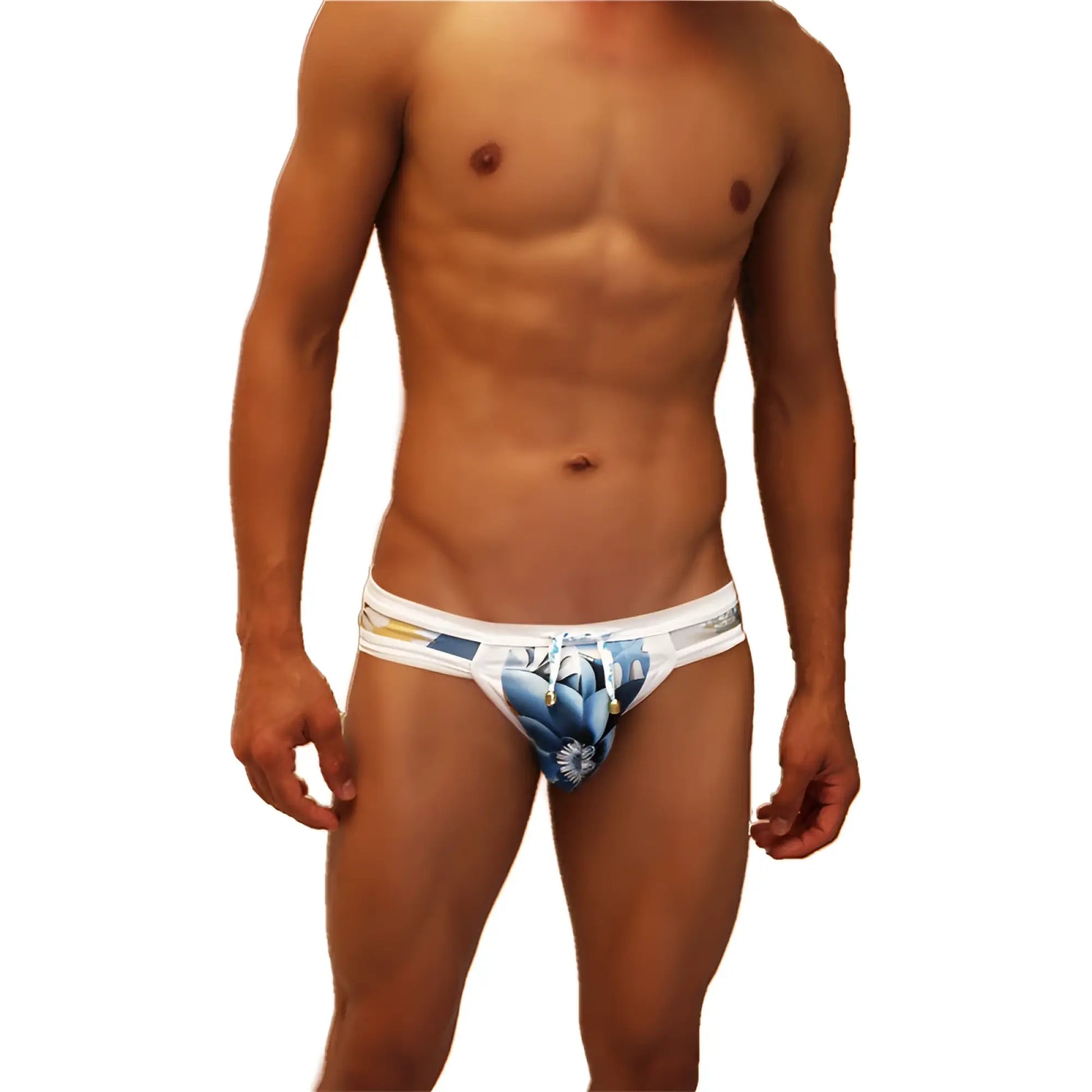 White swim trunks with blue floral pattern and yellow accent stripes from icker sea greek floral mini bikini swimwear cob-19-02