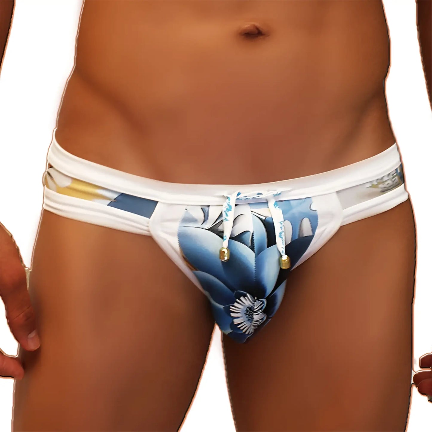 White swim trunks with bold blue floral pattern and gold-toned drawstring hardware from icker sea greek floral mini bikini swimwear
