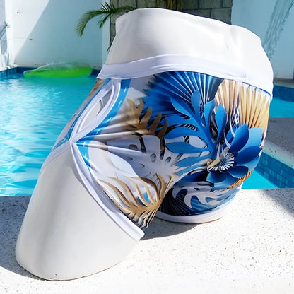 Icker Sea Greek floral open side suspender scalloped swim trunks with blue and gold tropical leaf pattern and white waistband