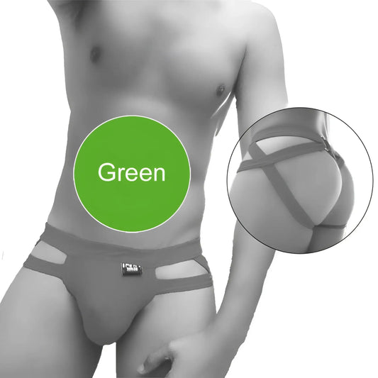 Green icker sea hoops jock string underwear with a supportive strappy design and small brand tag at the waistband