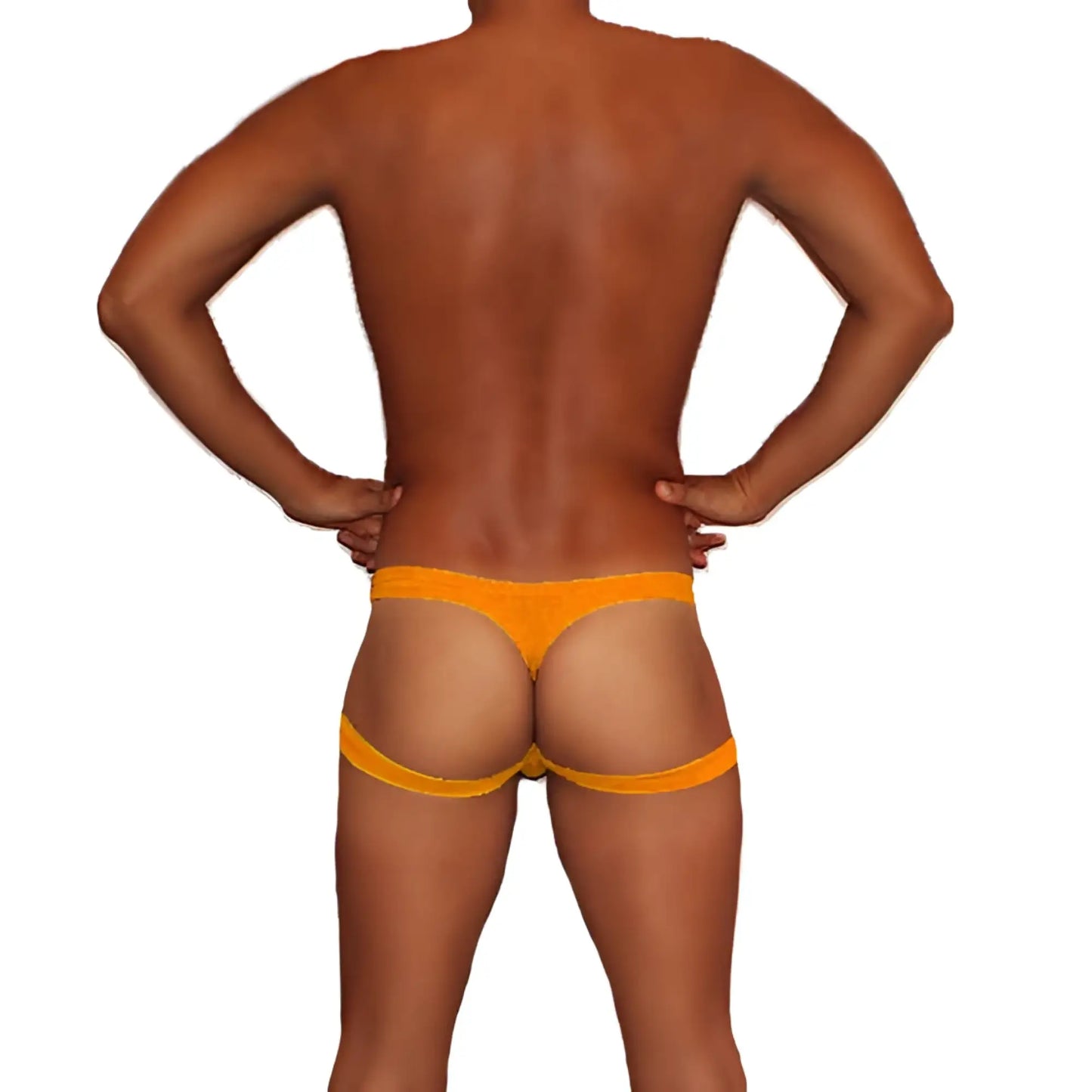 Orange icker sea jock thong underwear with a wide supportive hip band shown from the back side