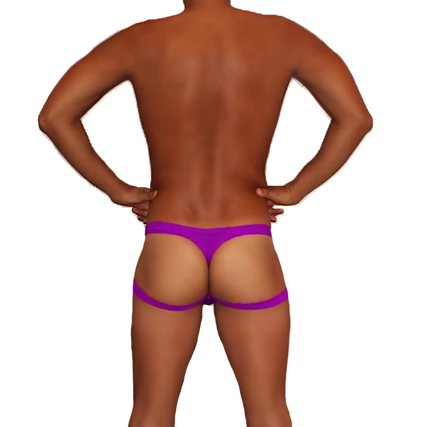 Purple icker sea jock thong jock strap underwear with smooth fabric and matching leg strap shown from the back