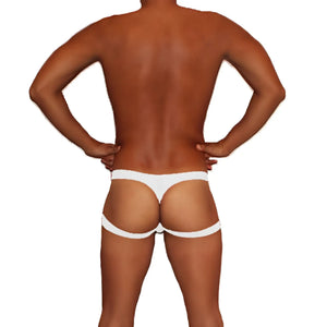 White icker sea jock thong underwear featuring two wide supportive hip straps shown from the back side