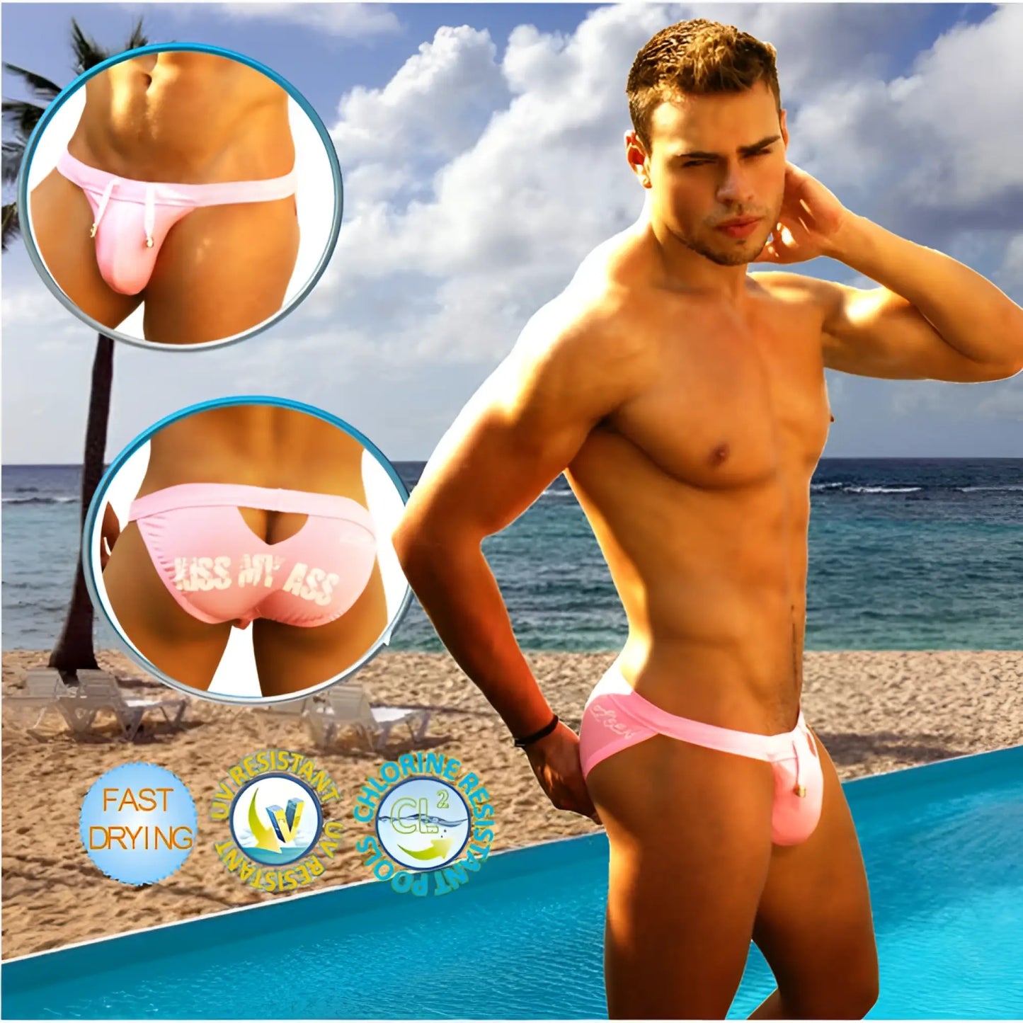 Pink icker sea men’s swim trunks showing the back with a cheeky kiss my ass graphic and cut out slip design