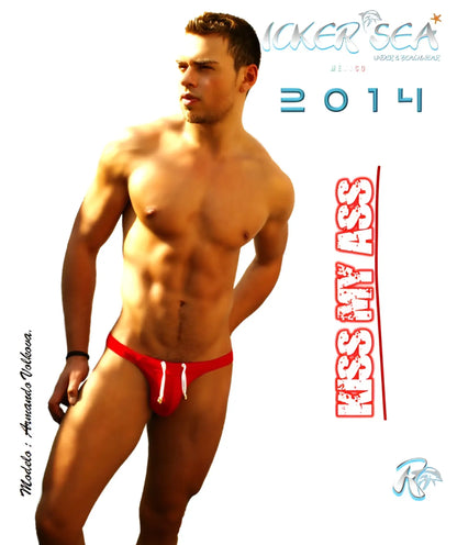 Red Icker Sea Kiss My Ass back cut out slip bikini swimwear with white drawstrings designed for swim use