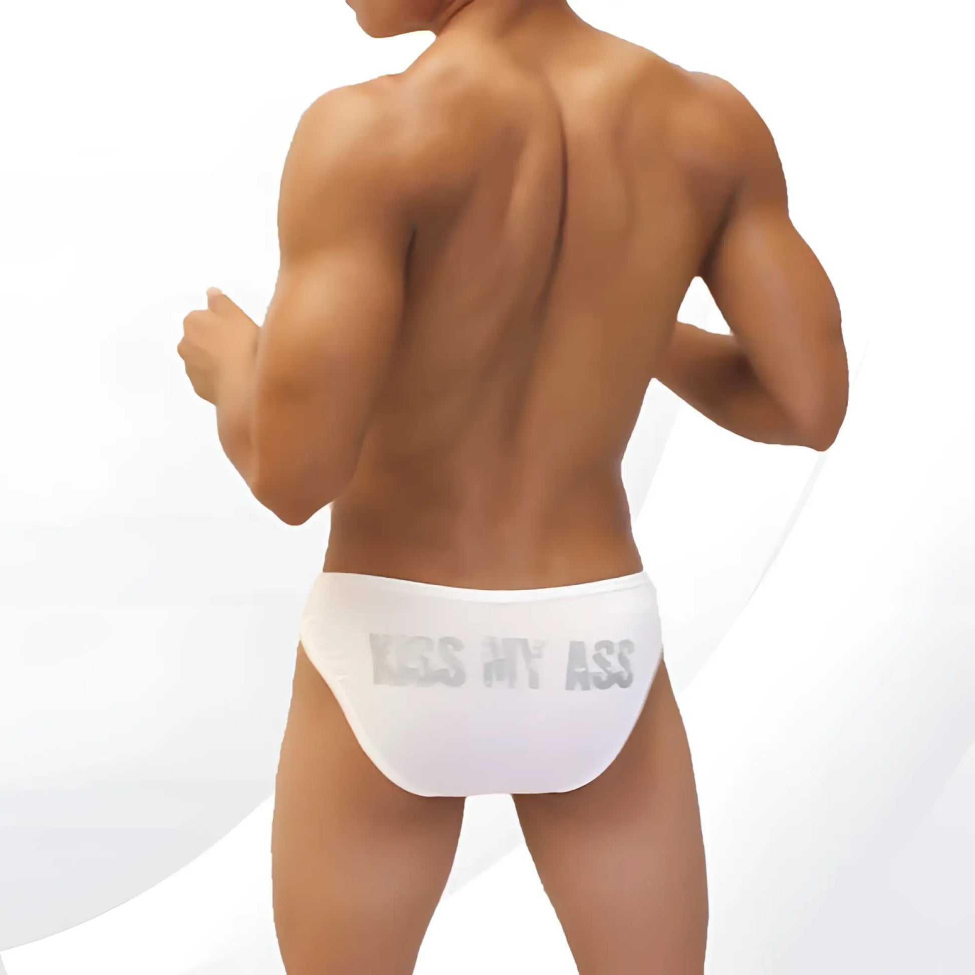 White briefs with silver kiss my ass text on the back from icker sea kiss my ass bikini underwear collection