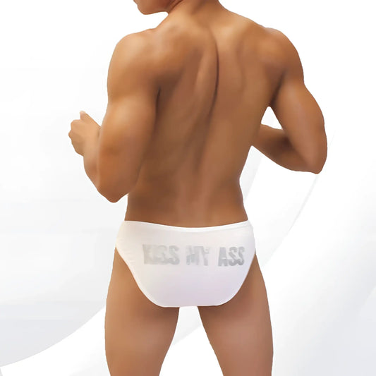 White briefs with silver kiss my ass text on the back from icker sea kiss my ass bikini underwear collection