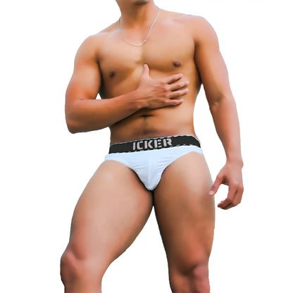 White icker sea kiss my ass brief underwear with black waistband and white lettering in front view