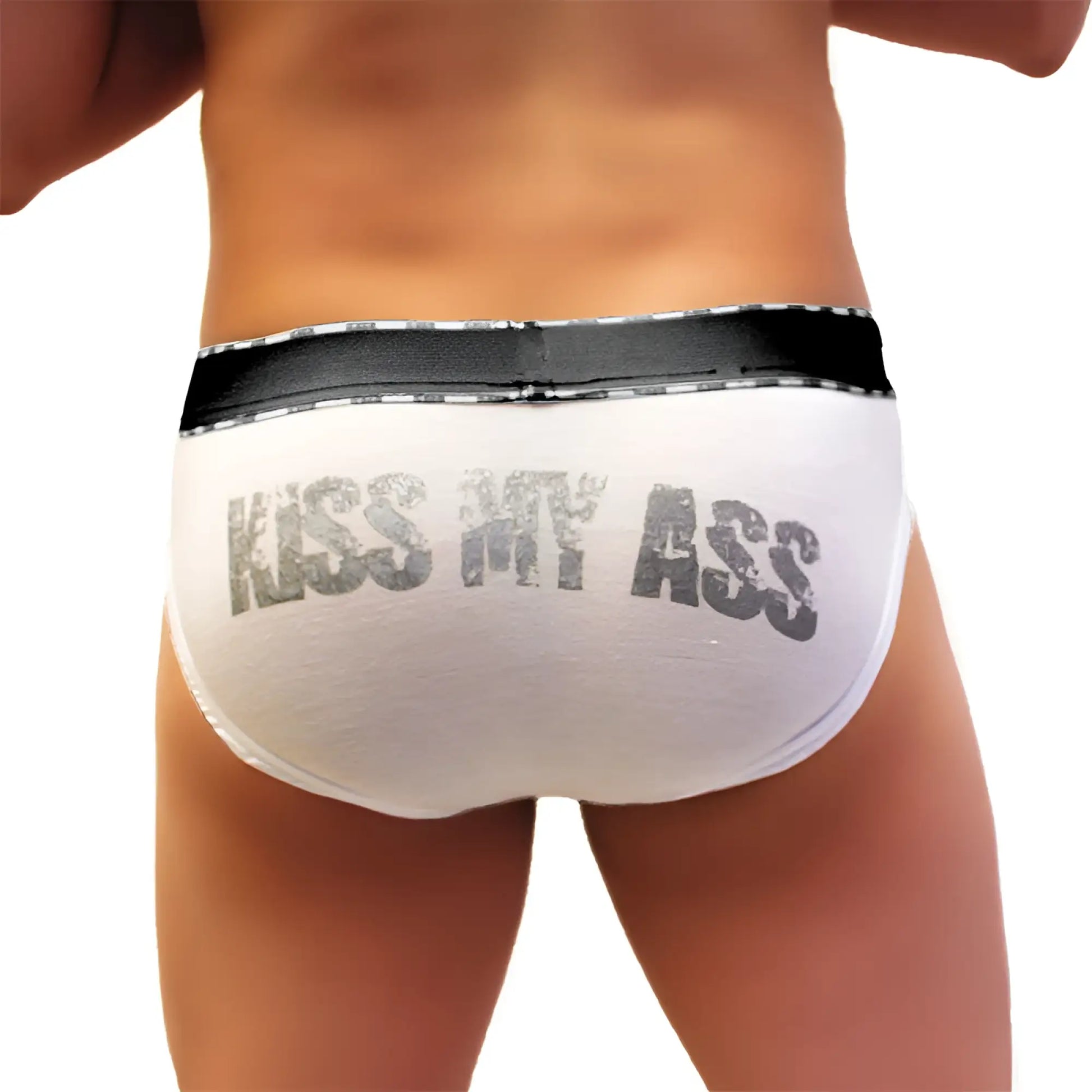 White briefs with black waistband and distressed gray kiss my ass print from icker sea underwear coI-21-04