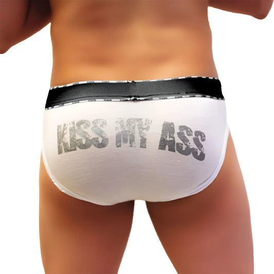 White briefs with black waistband and distressed gray kiss my ass print from icker sea underwear coI-21-04