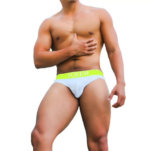 Light blue icker sea kiss my ass brief underwear with bright neon green waistband and bold white icker branding