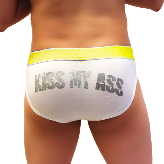 Icker Sea kiss my ass brief underwear in white with a bright yellow waistband and distressed gray lettering