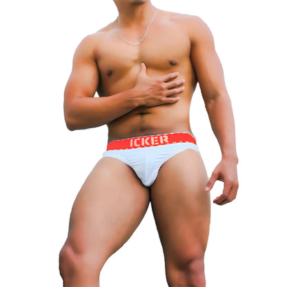 Light blue icker sea kiss my ass brief underwear with red waistband and white lettering coiled material