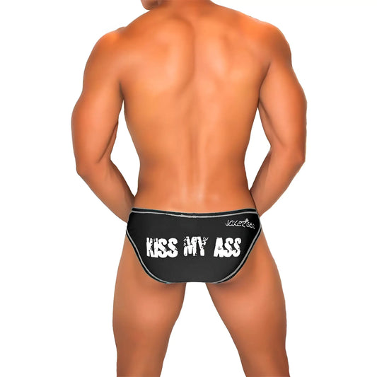 Black bikini briefs with white kiss my ass text and silver trim featuring bold graphic design by icker sea