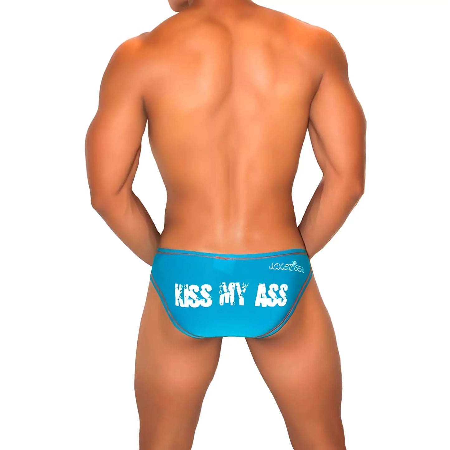 Bright blue jaxx men’s swim trunks with bold white kiss my ass text on the back contrast stitching bikini underwear