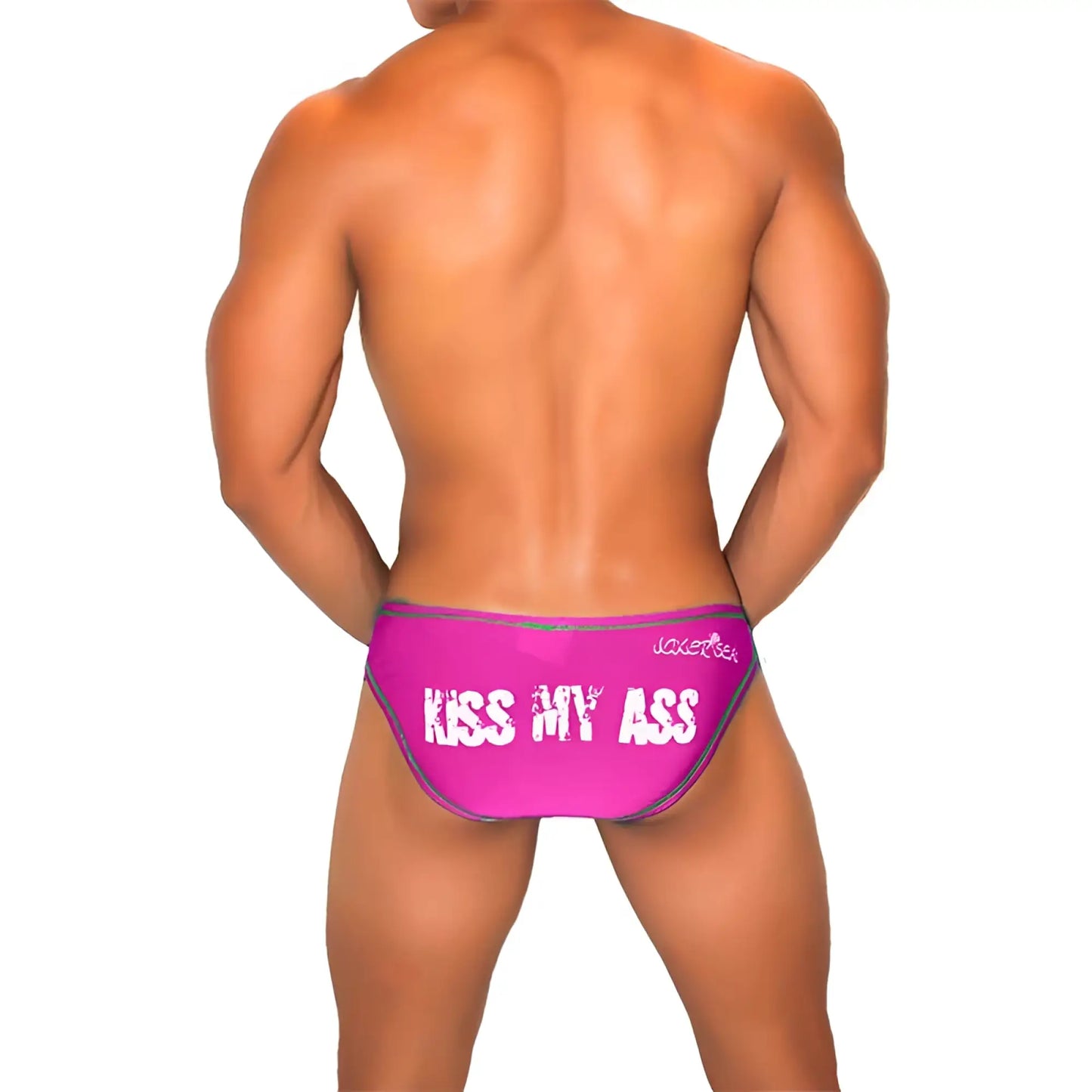 Vibrant pink jaxx men’s briefs with bold white kiss my ass text and dark contrast stitching in fuchsia bikini style