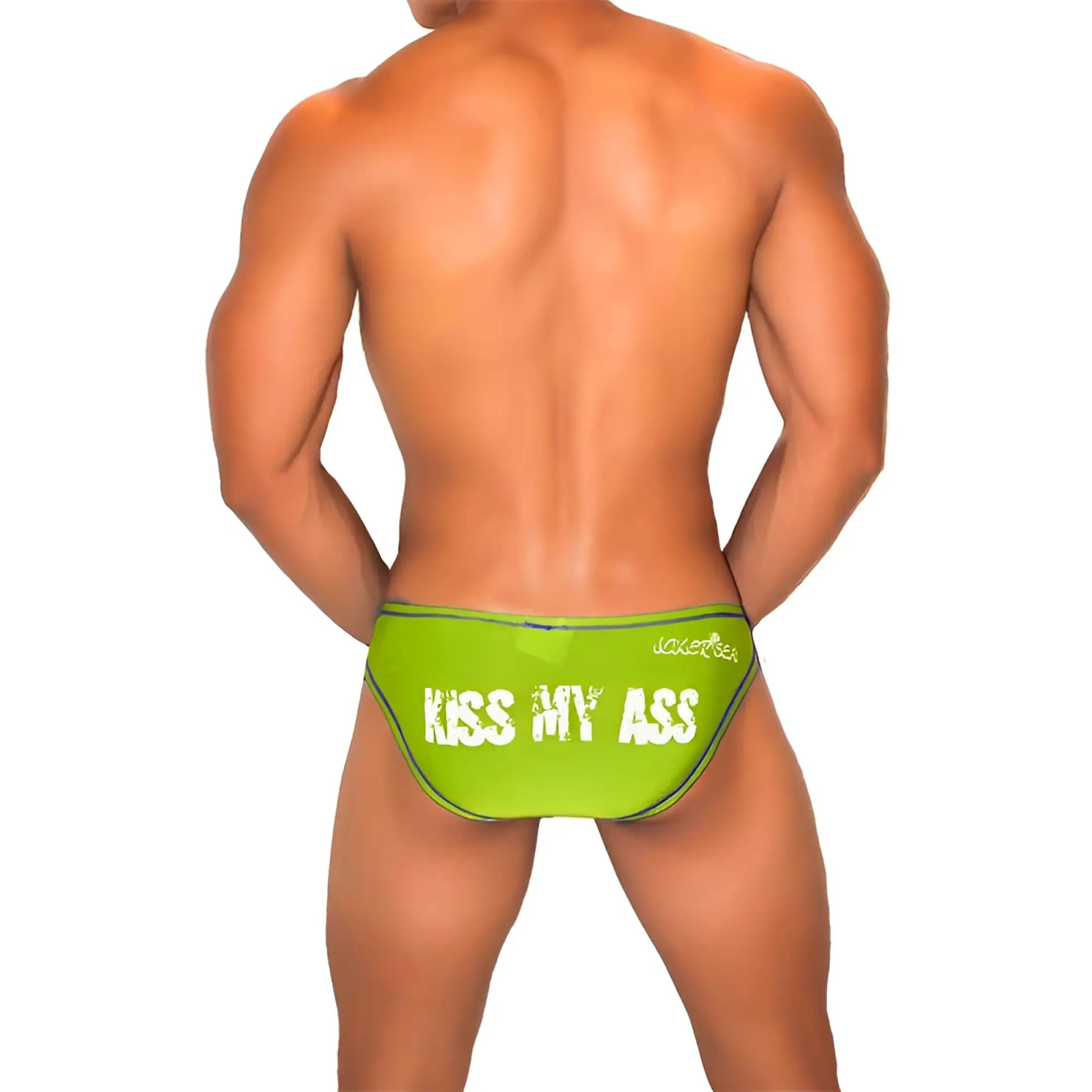 Bright lime green icker sea kiss my ass contrast stitching bikini briefs with bold white text and small waistband logo