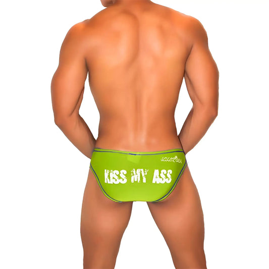 Bright lime green icker sea kiss my ass contrast stitching bikini briefs with bold white text and small waistband logo