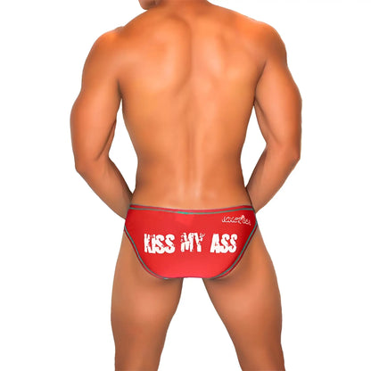 Red jakerise bikini briefs with white kiss my ass text and gray trim from icker sea contrast stitching collection