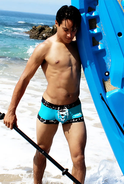 Icker Sea lace up contrast square cut trunk swimwear in blue and black with patterned fabric and front lace-up detail