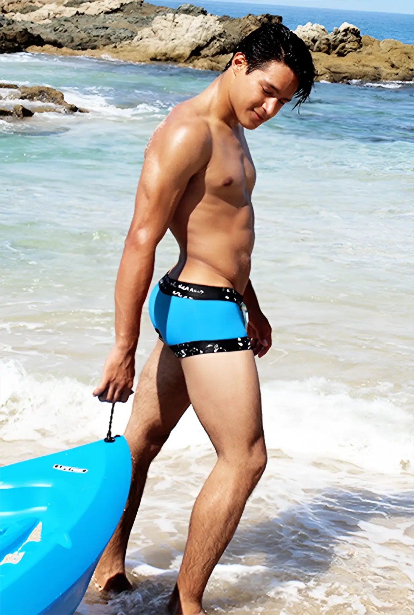 Blue icker sea lace up contrast square cut trunk swimwear with black patterned waistband for swimming