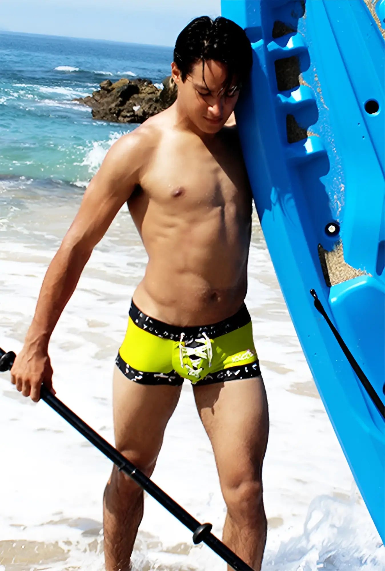 Icker Sea lace up contrast square cut swim trunks in neon yellow with black patterned trim for beachwear