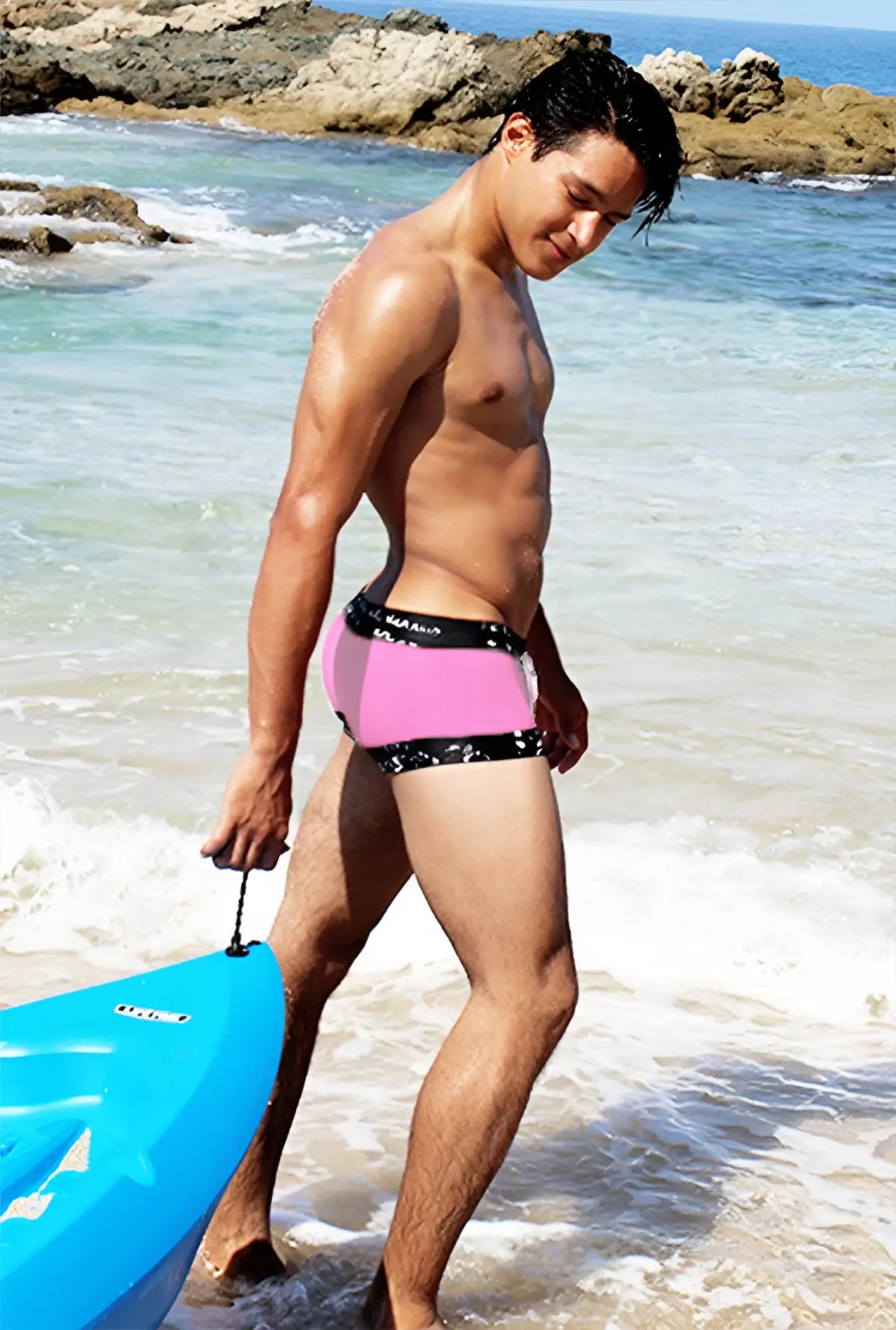 Icker Sea lace up contrast square cut pink swim trunks with black patterned trim for men beachwear