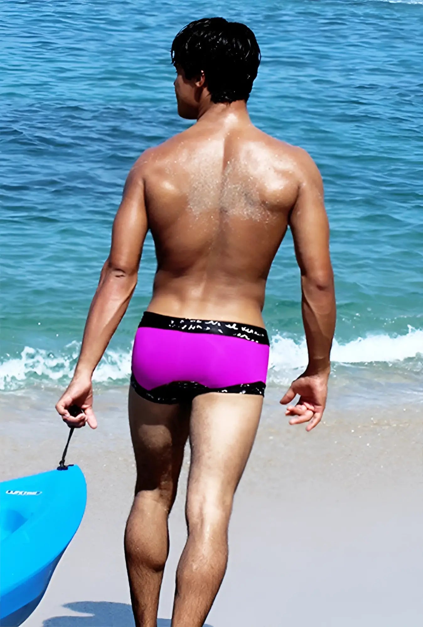 Vibrant magenta icker sea lace up contrast square cut trunk swimwear with black elastic waistband and subtle pattern