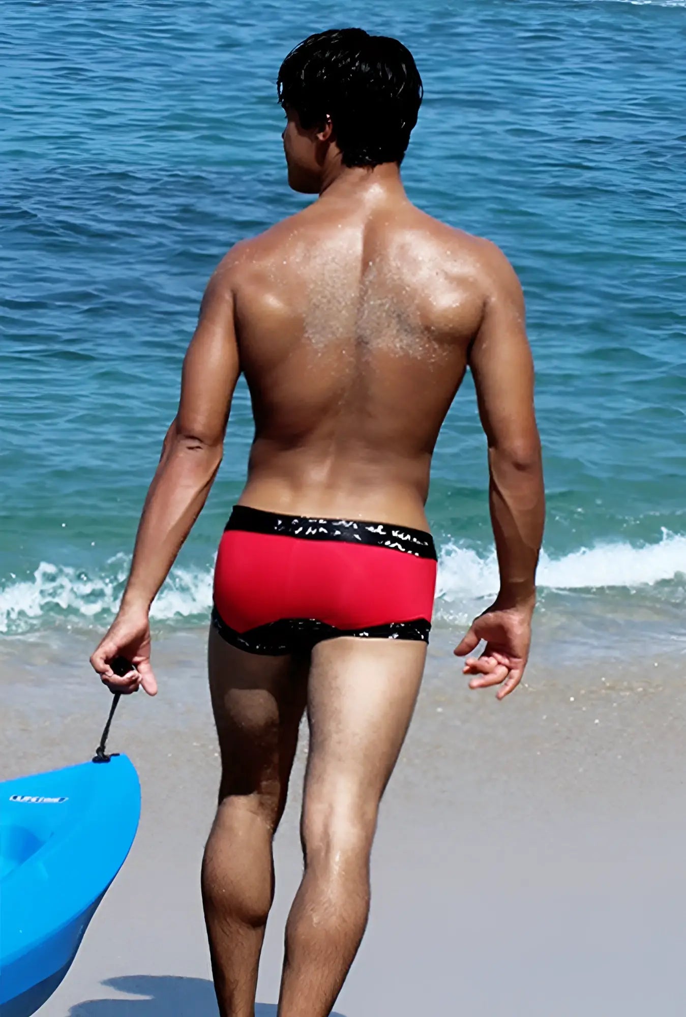 Icker Sea Lace Up Contrast Square Cut red swim trunks with black patterned waistband for beachwear